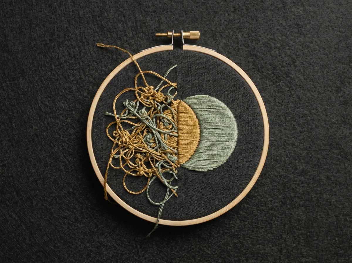 An embroidery hoop split in half: tangled gold and sage threads on the left, two neat overlapping embroidered circles on the right