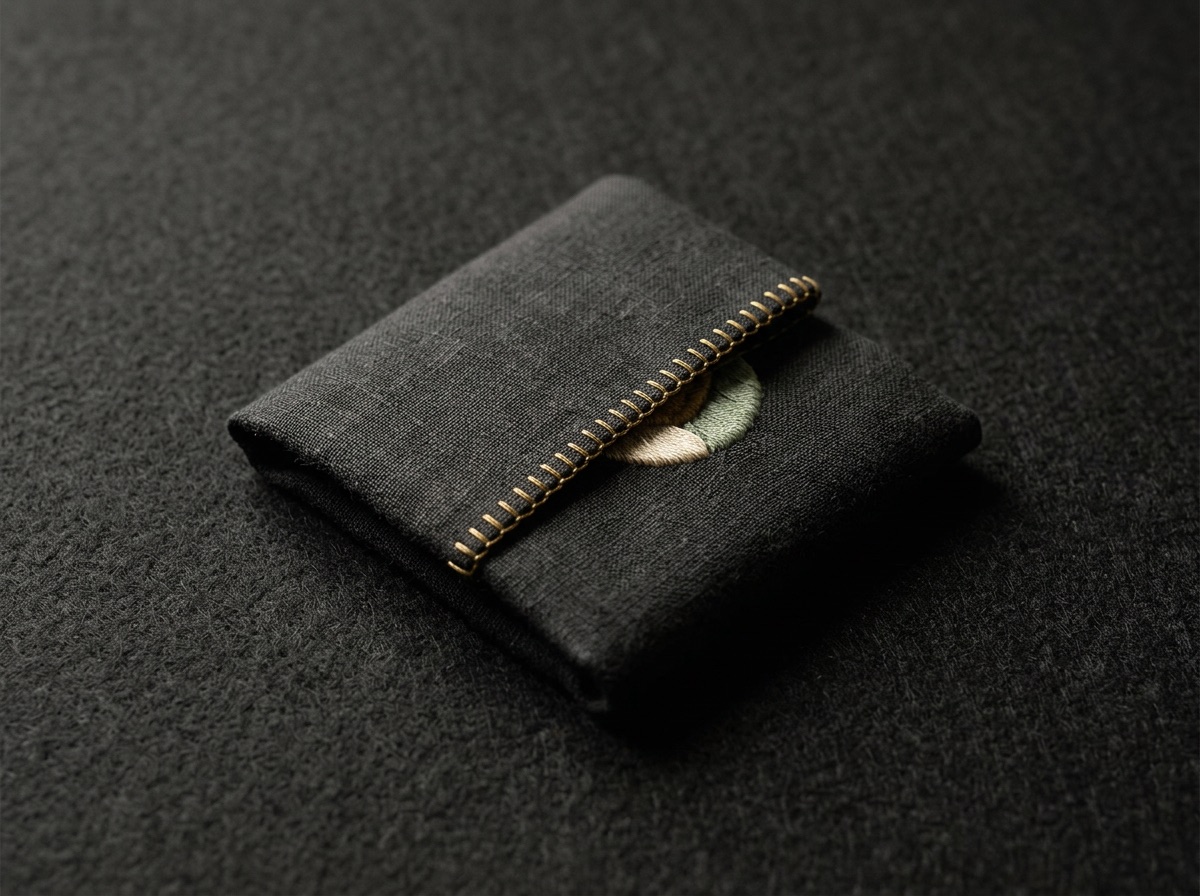 A folded square of dark linen sealed along its edge with small gold stitches