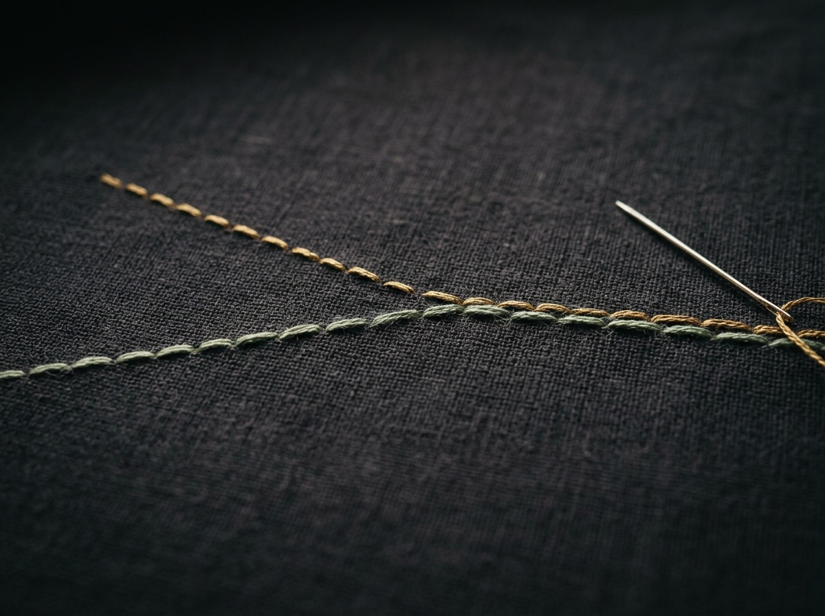 Two lines of gold and sage running stitch drawing closer on dark cloth