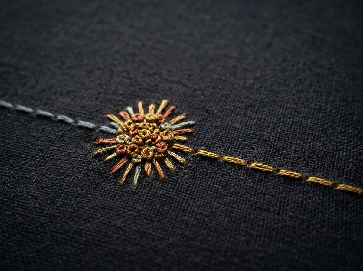 A dull grey stitch bursting into gold and terracotta French knots